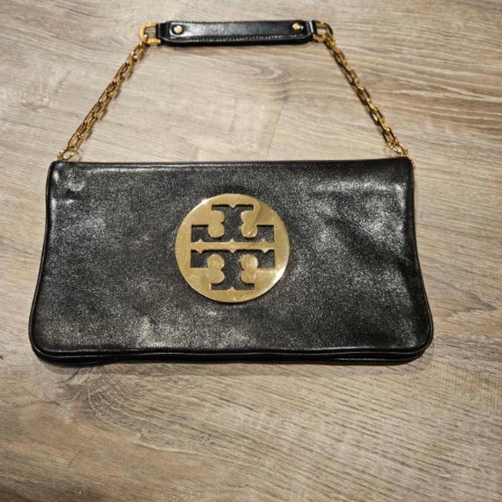 Tory Burch Black Leather Reva Logo Clutch Shoulder Bag Gold Chain